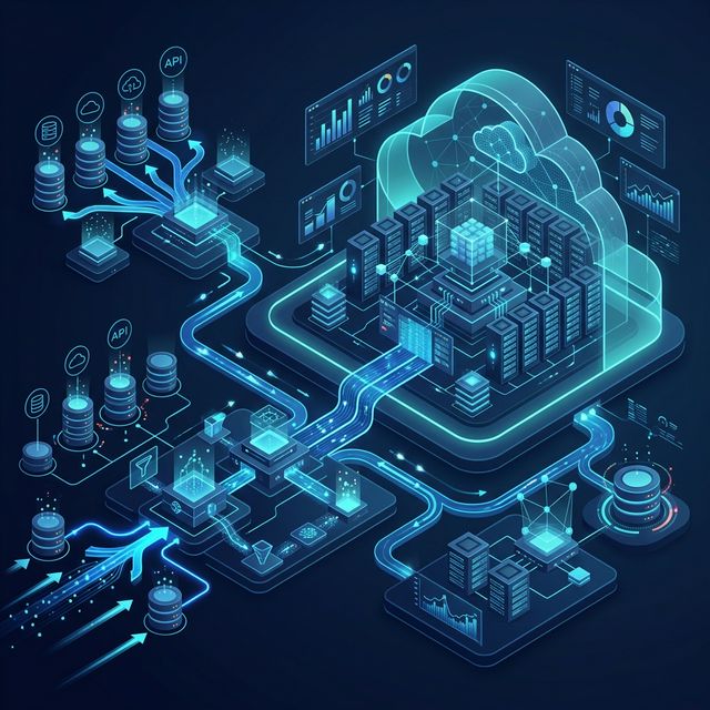 BI-Technologie Architektur mit Cloud, Data Warehouse und API Verbindungen