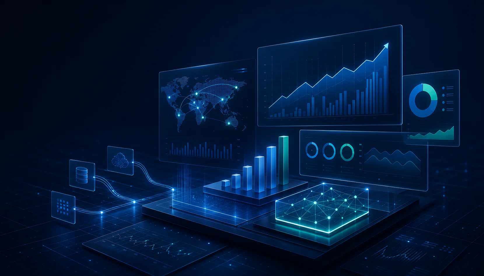 Abstraktes Business-Intelligence-Cockpit mit vernetzten Datenquellen, Diagrammen und Prognosen