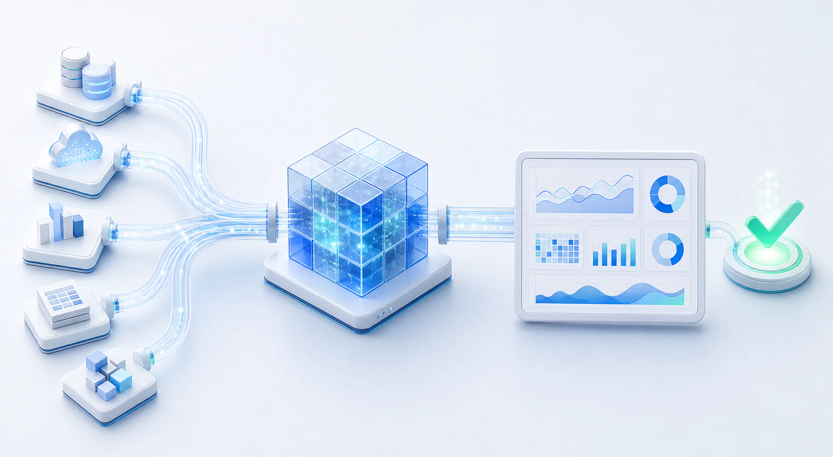 Visualisierung des Datenflusses von mehreren Quellen über ein zentrales Datenmodell bis zum Management-Dashboard
