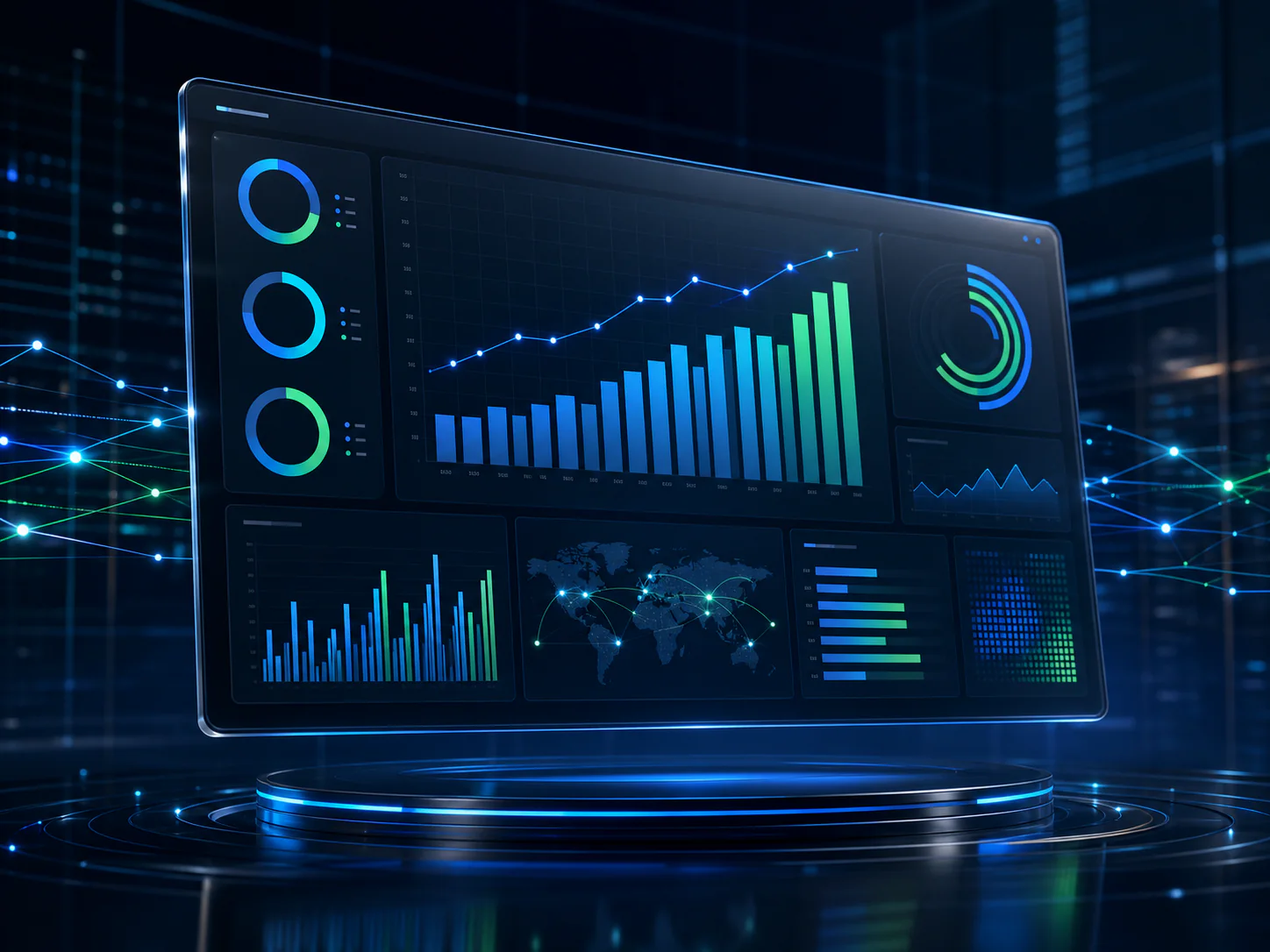 Modernes Management-Dashboard mit vernetzten Echtzeit-Kennzahlen und Entwicklungstrends