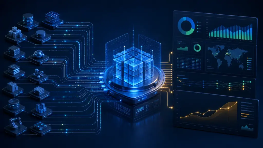 Mehrere operative Vorsysteme fließen in ein zentrales BI-Datenmodell und ein Management-Dashboard